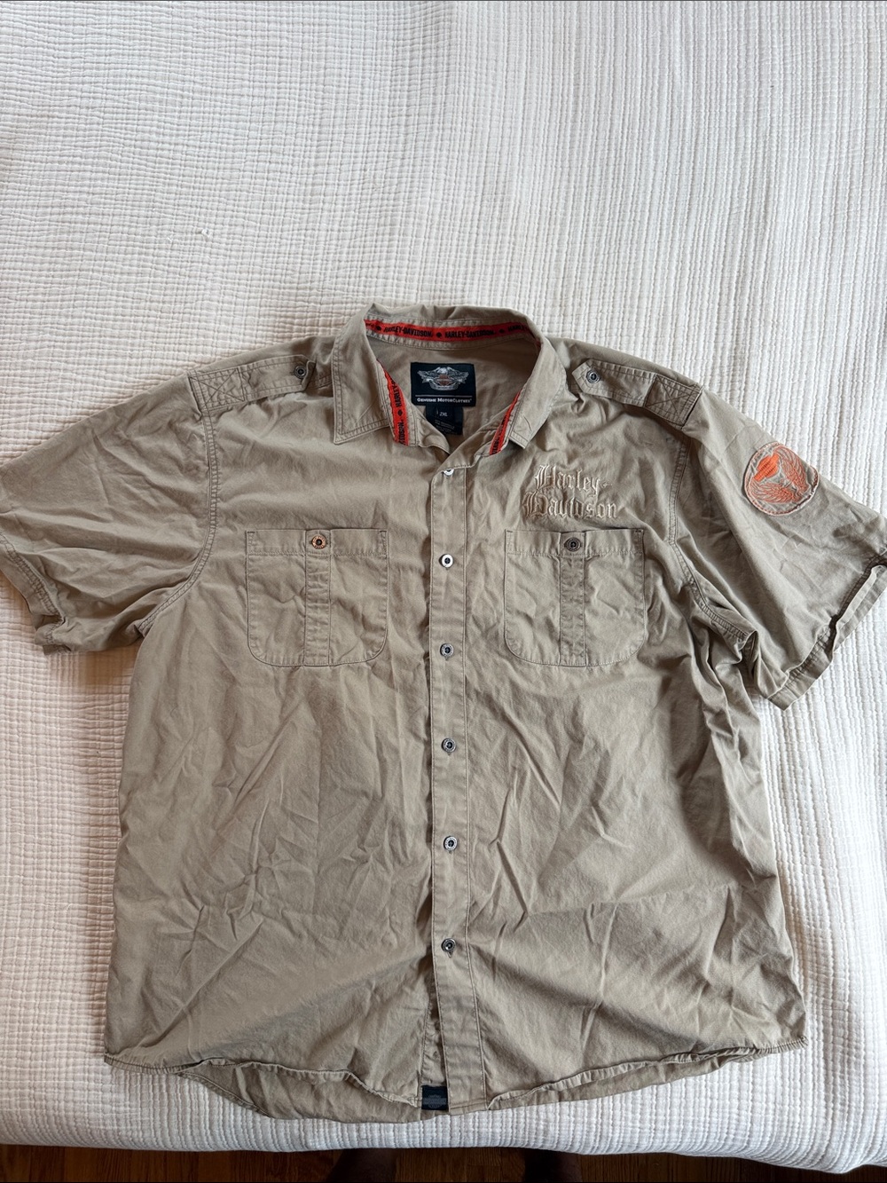Harley-Davidson Khaki Short Sleeve Button-Down Shirt with Orange Patch
